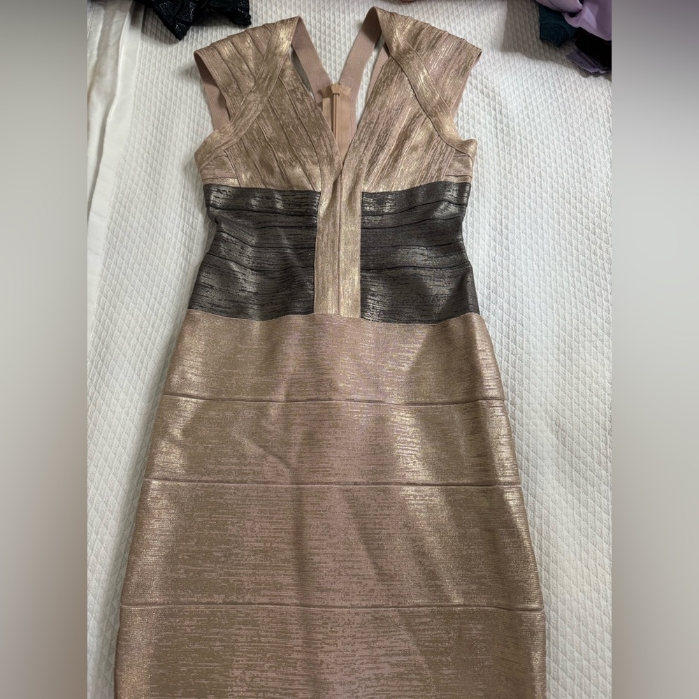 Hervé Leger Champagne designer short dress.